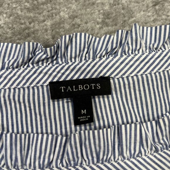 Talbots Women’s Blouse Top Size Medium Blue Striped Lace Boat Neck Ruffle - Picture 8 of 14